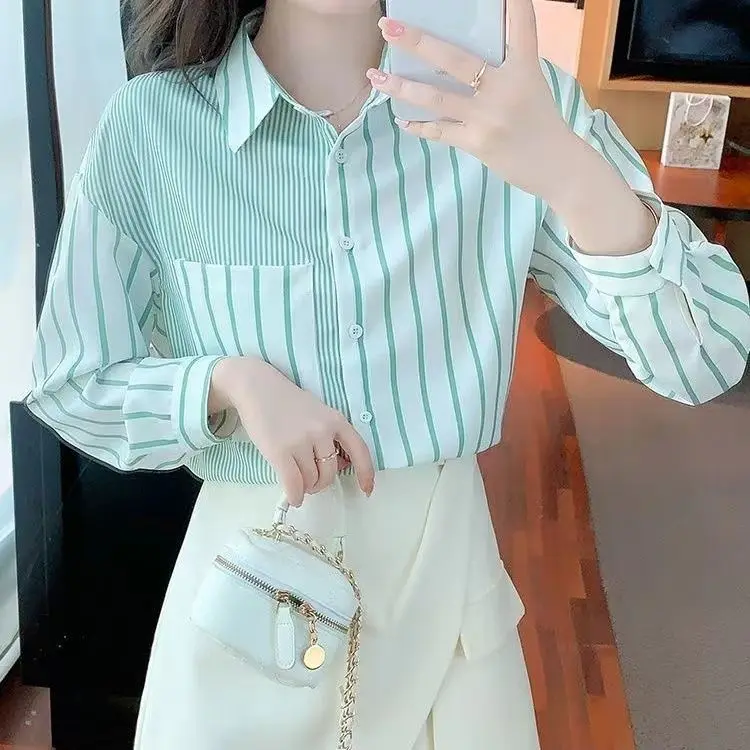 Spring Autumn New Arrival Hong Kong Style Women's Long Sleeve Striped Shirt