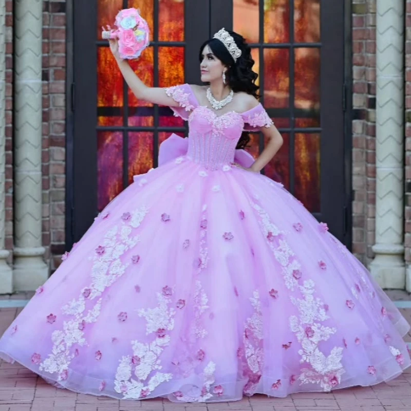 

Pink Shiny Quinceanera Dresses Off The Shoulder Applique Flower Beading Tull Party Birthday Sweet 16 Dress Vestidos 15 Anos