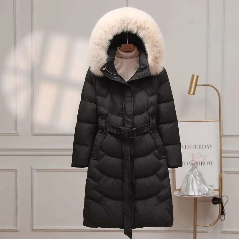 Doudoune longue en duvet de canard blanc pour femme, pardessus à capuche, vraie fourrure de renard, parkas chaudes pour femme, ceinture, mode coréenne, nouveau, 2024, 90