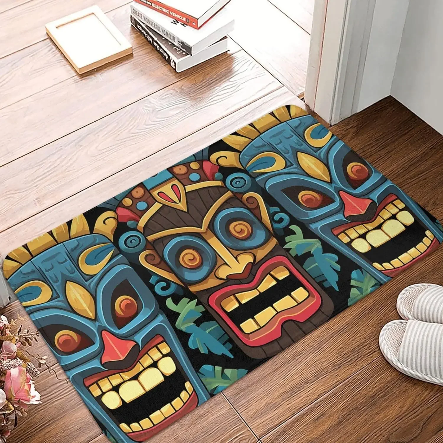 Colorful Tiki Mask Doormat Non Slip Absorbent Indoor Outdoor Entryway Rug Flannel Floor Mat Bathroom Kitchen Decor