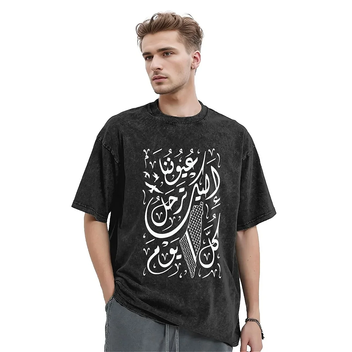 Oversized Washed T-Shirt Arabic Calligraphy with Palestinians T-Shirts Kufiya Map Palestines Tshirt for Man Beach Top Tees