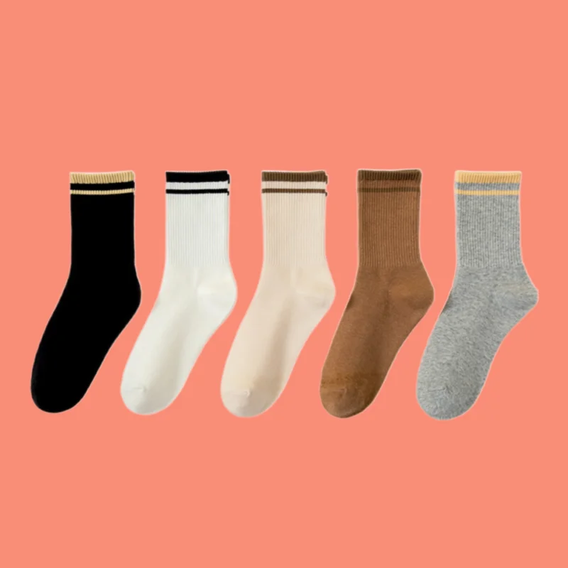 

5/10 Pairs Women's Socks Mid-tube Socks Coffee Striped Versatile Long Socks Simple High Elastic Casual Women's Socks