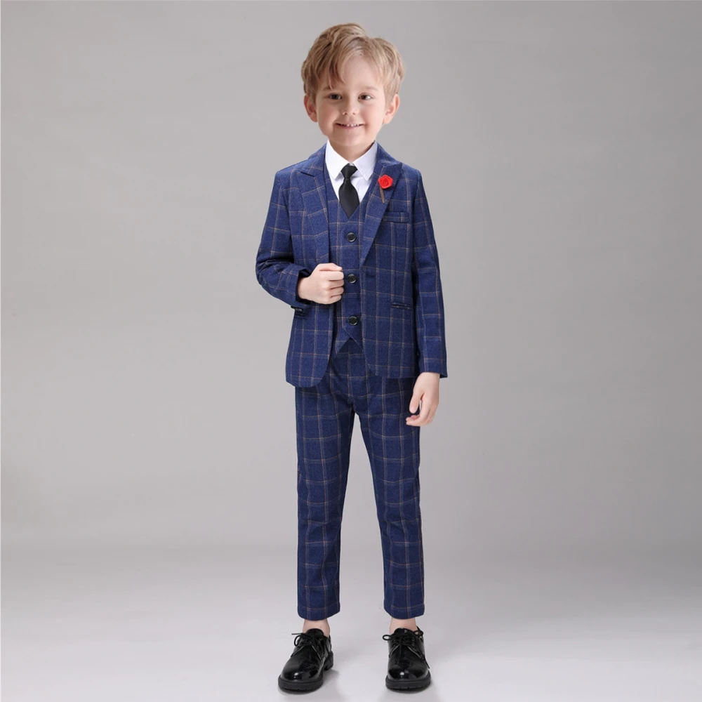 Elegant New Blue Boys Plaid Suits For School Graduation Ceremony High Quality Comfortable Child 5 Pieces Suit Set Catwalk Show