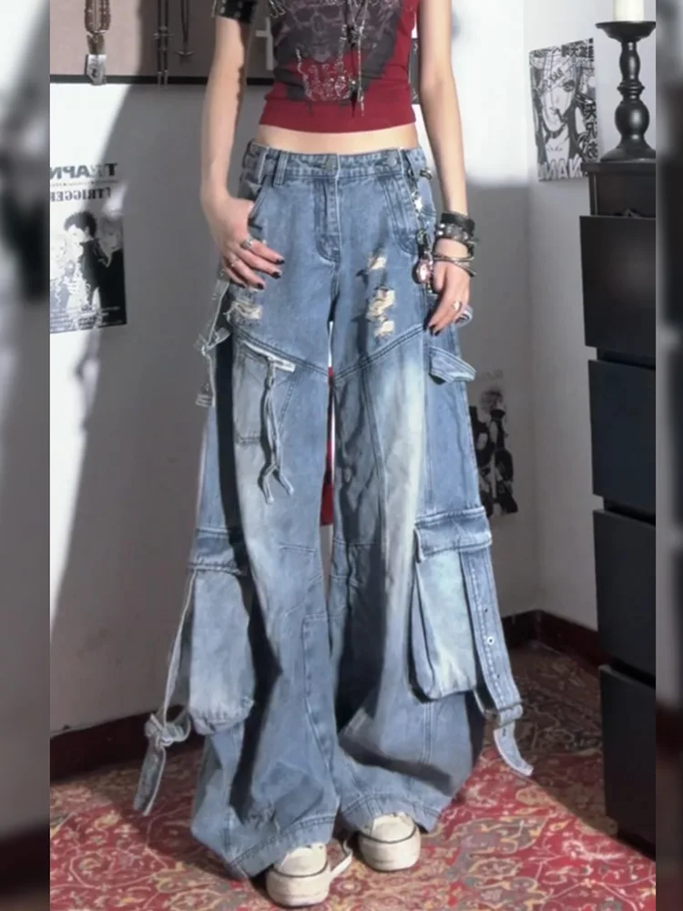 American High Street Washed out Wide Leg Loose Women's Jeans Heavy Design Sense Distressed Denim Pants for Autumn New Style