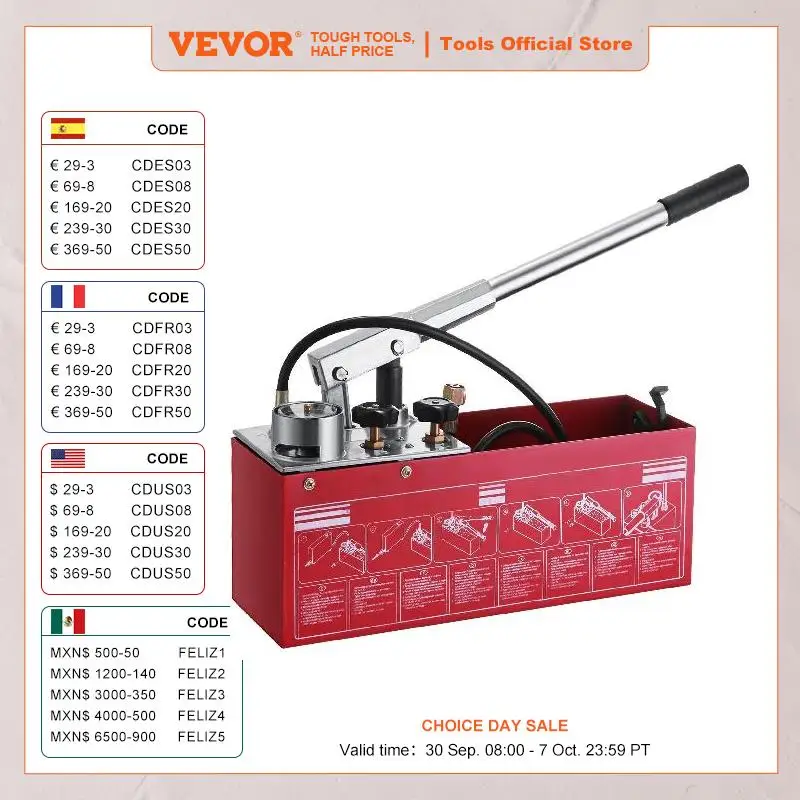 VEVOR Hydraulic Manual Pressure Test Pump Hydrostatic Water Pressure Tester 0-50 Bar 12L Tank for Pipeline Heating Irrigation