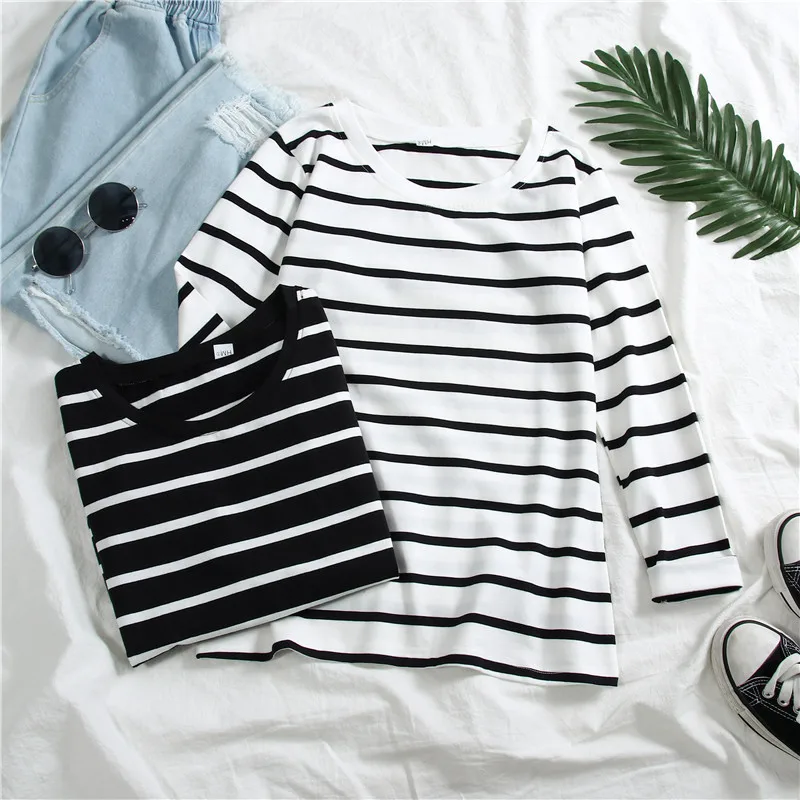 2024 Spring Autumn Tops Tees New Black White Striped Bottom Shirt Women Long Sleeve Korean Loose Versatile Student Top T-Shirts