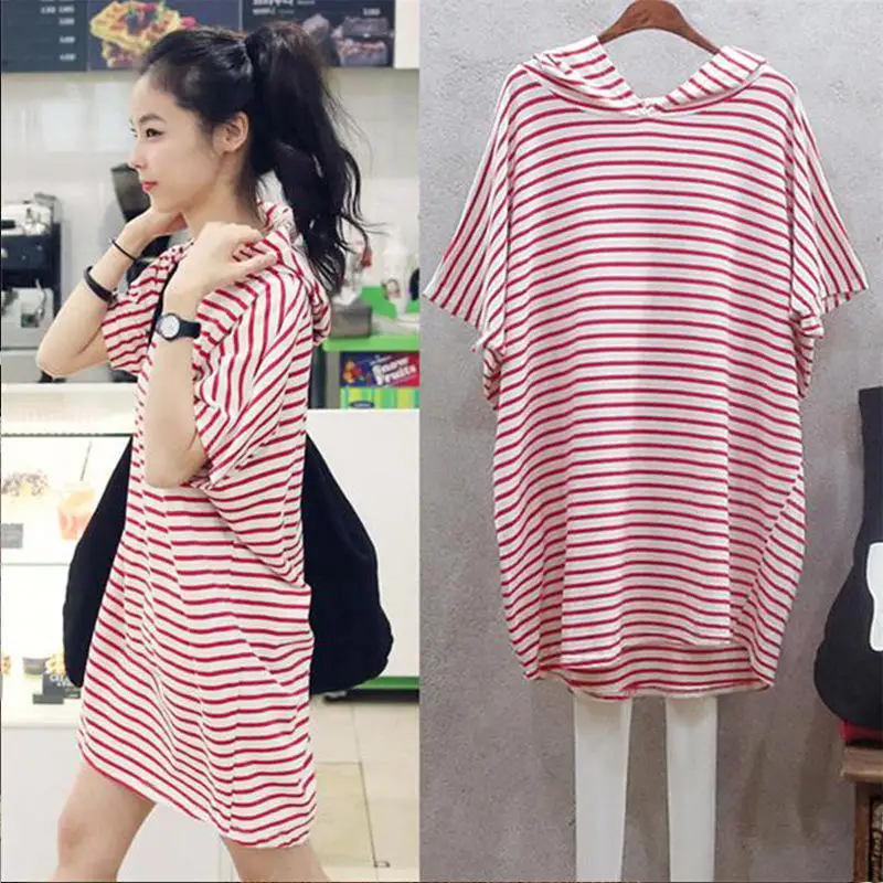 Korean Style A Line Shirt Dress - ชุดเดรสสไตล์เกาหลีใหม่สำหรับฤดูร้อน ทรงหลวม แขนค้างคาว ลายทาง ความยาวปานกลาง ทรงเอ