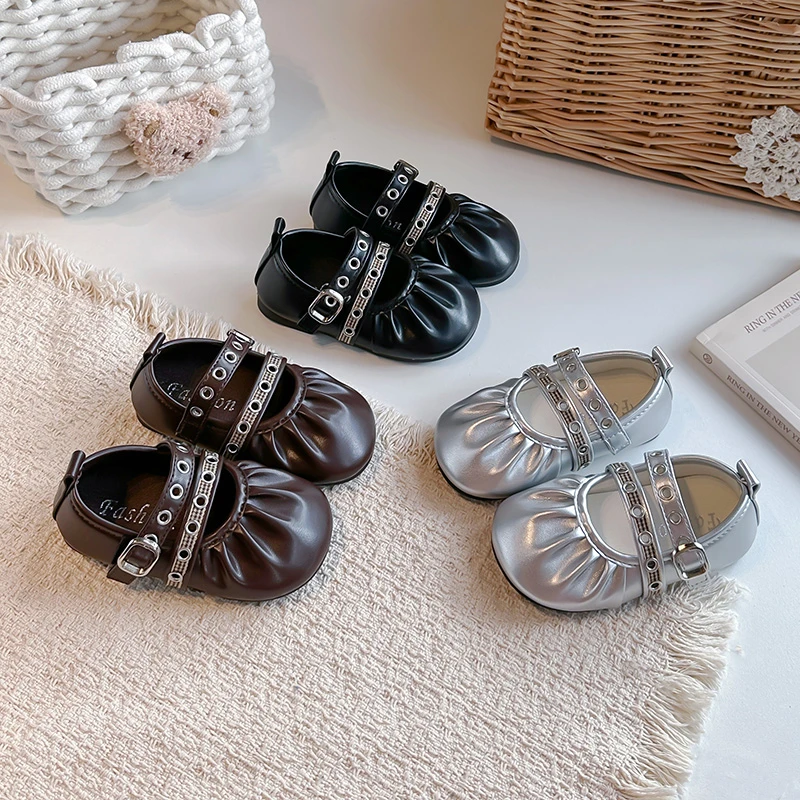 Toddler Girls Double Straps Leather Shoes 2026 New Autumn Kids Mary Jane Flats Soft Sole Simple Princess Girls Party Wedding