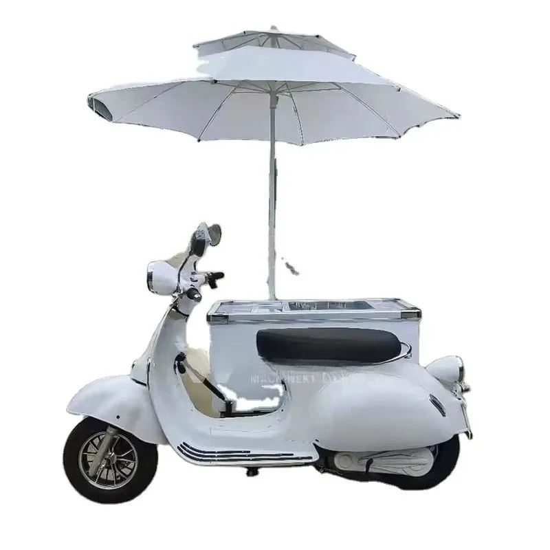 Горячая продажа белая электрическая передвижная поплавковая тележка для мороженого с солнцезащитным козырьком