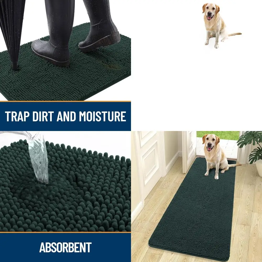 

Впитывающий коврик для двери 70x24 см - нескользящий, моющийся, быстросохнущий, из синели, для грязных лап, черно-зеленый