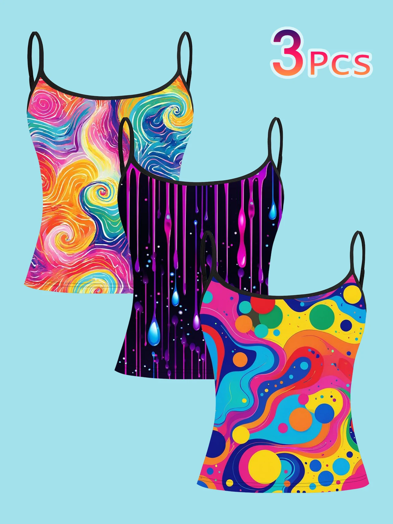 3-Pack Vintage Pop Art Fluid Print Camisole for Women, Featuring Paint Drip Rainbow Swirl Polka Dot Pattern, Slim Fit Spaghetti Strap Inner Top