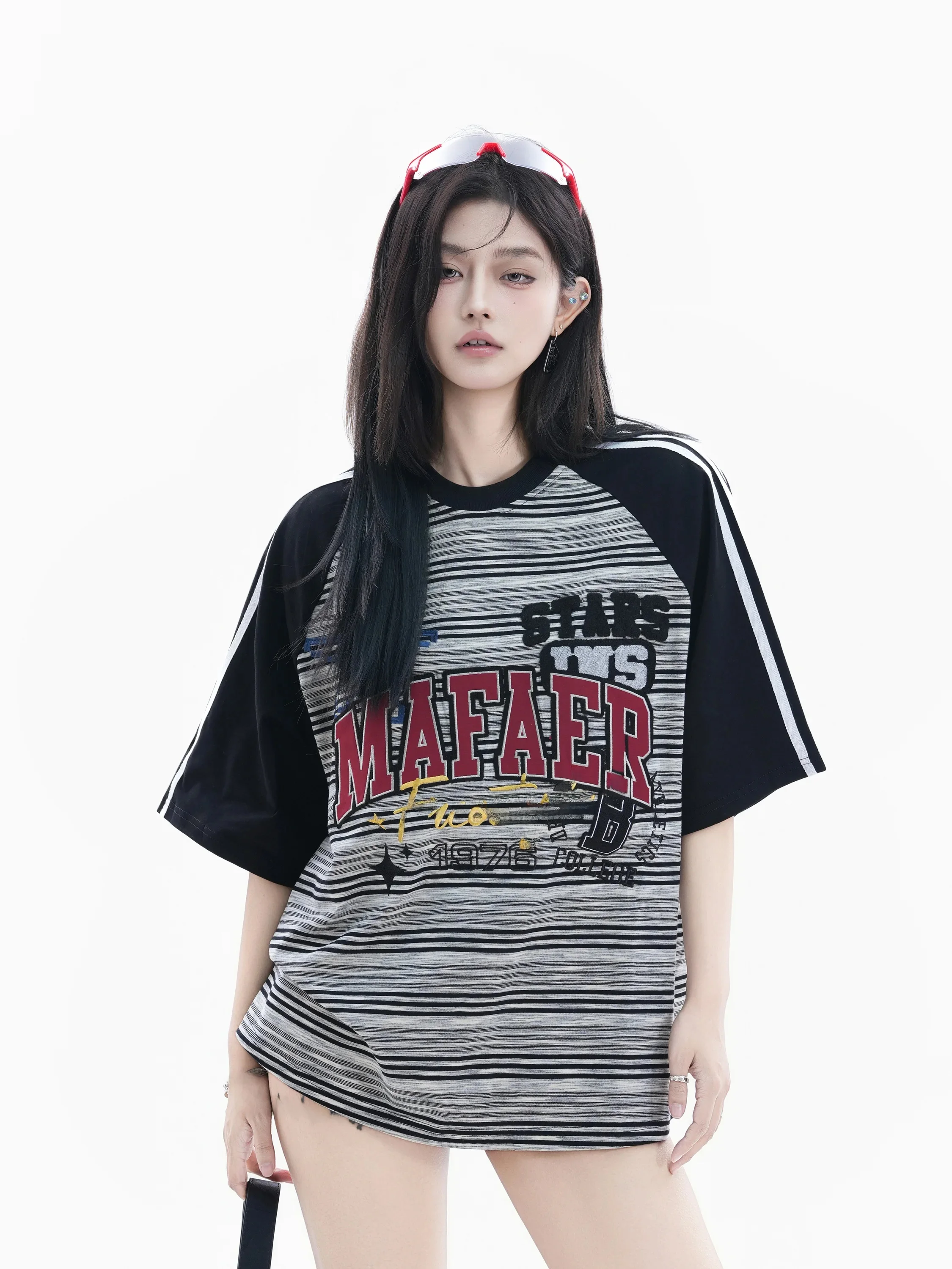 

Retro American Striped Short Sleeve T-Shirt Women's Color Block Letter Embroidery Loose Couple Top Fashionable Cotton Tee
