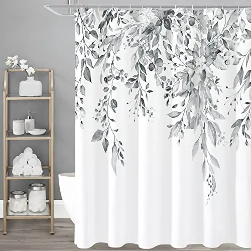 

VIKAMA Grey Floral Bath Curtain Is Suitable For The Bathroom, Watercolor Plant Eucalyptus Leaf Bath Curtain, Bathroom Decoration