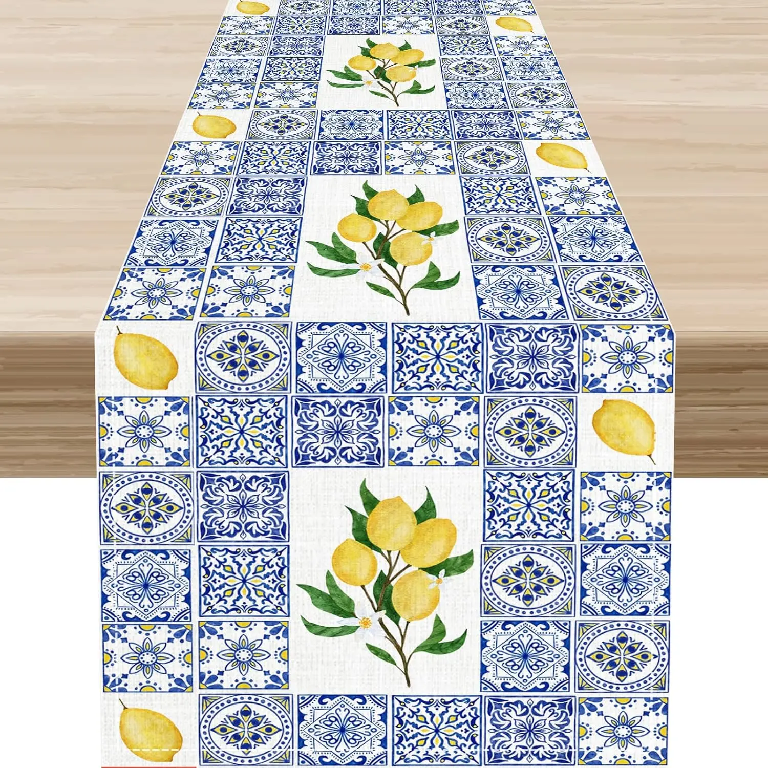 Blue Lemon Fruit Italian Tiles Linen Table Runner Dresser Scarve Decor Farmhouse Kitchen Dining Table Runner Holiday Party Decor