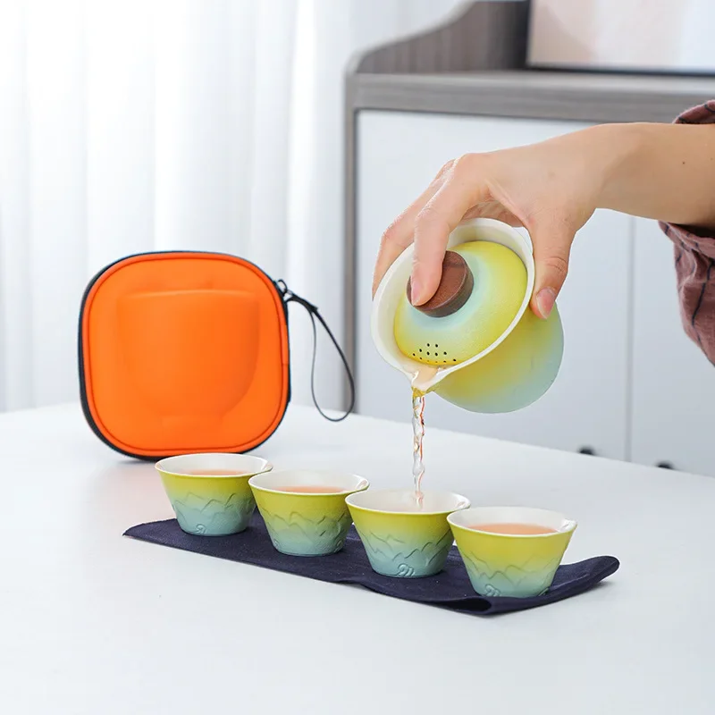 Gradient Glaze Travel Tea Set Simple Portable Ceramic Quick Cup Outdoor Camping Teapot One Pot Four Cups Tea Sets Complete Set