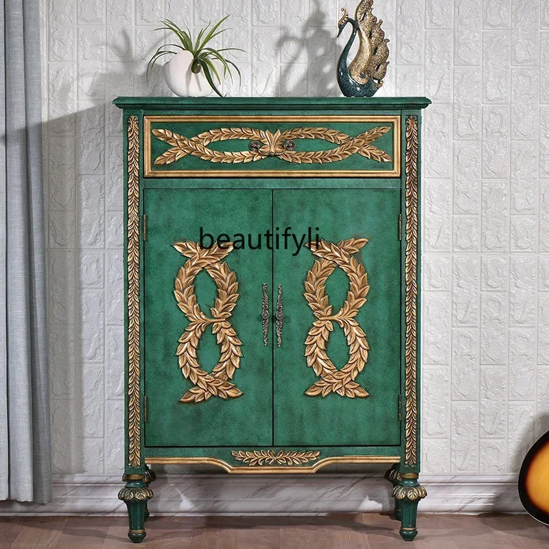 American Country Style Solid Wood Shoe Cabinet Vintage Distressed Two-Door Sideboard Light Luxury Decorative Entryway Cabinet