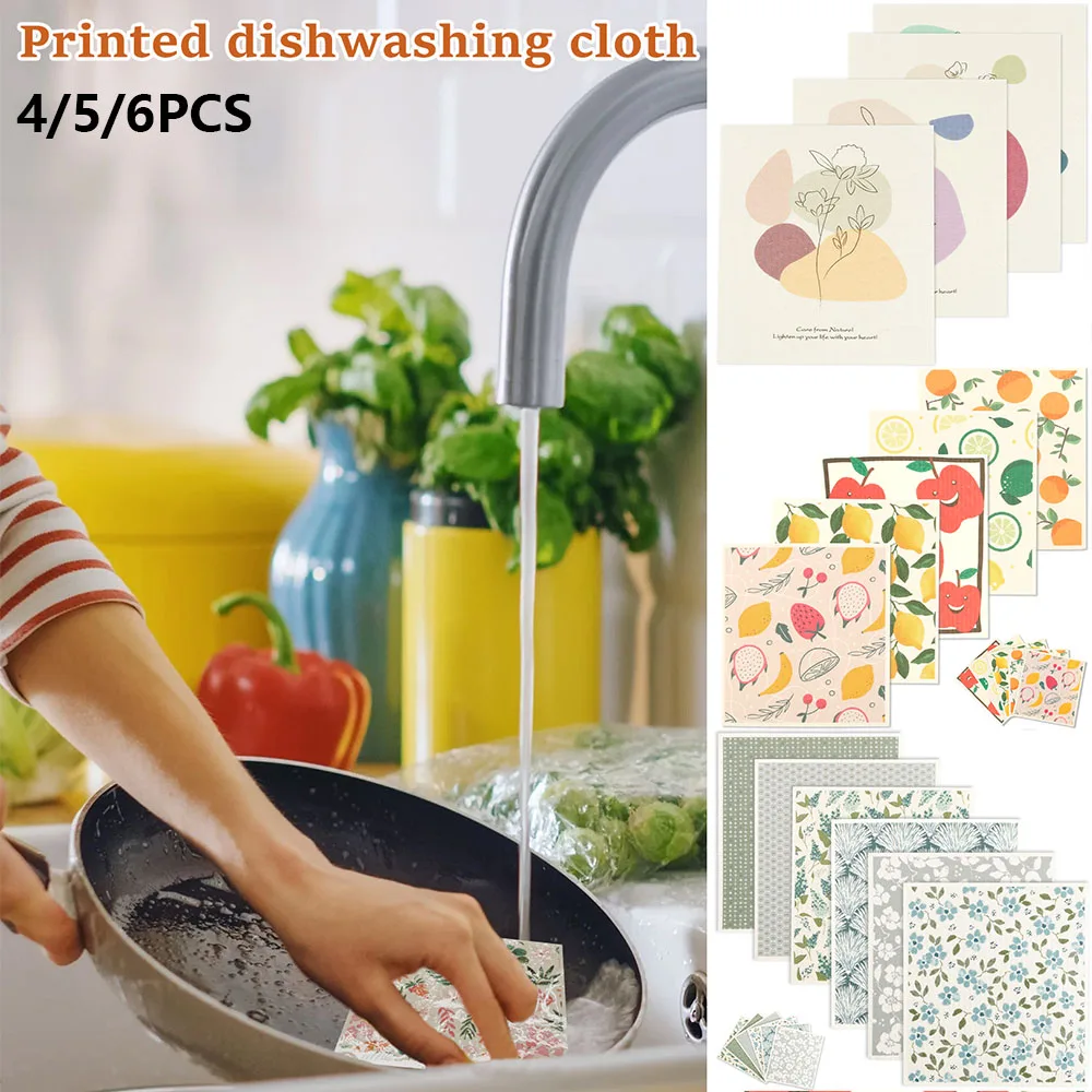 4/5/6pcs Printed Absorbent Cleaning Dishcloth Reusable Wet Dry Household Kitchen Rag Soft Cellulose Cloths for Washing Dishes