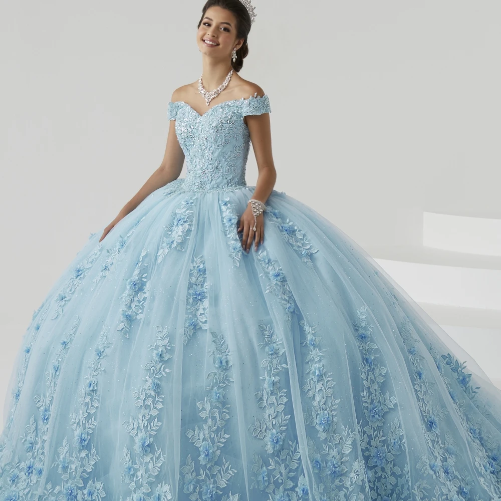 Lorencia Blue Quinceaneras Dresses Ball Gown Off The Shoulder Flowers Lace Appliques Mexican Sweet 16 Vestidos De 15 Años YQD201