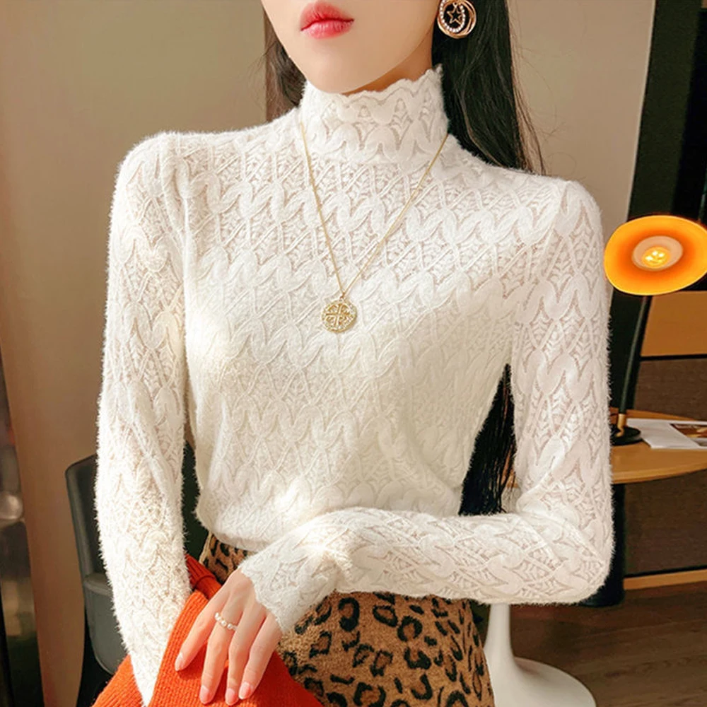 Autumn Winter Warm Lace Sweater Blouse Women Turtleneck Long Sleeve Slim Stretch T Shirt Women 2XL Black White Apricot Sexy Tops