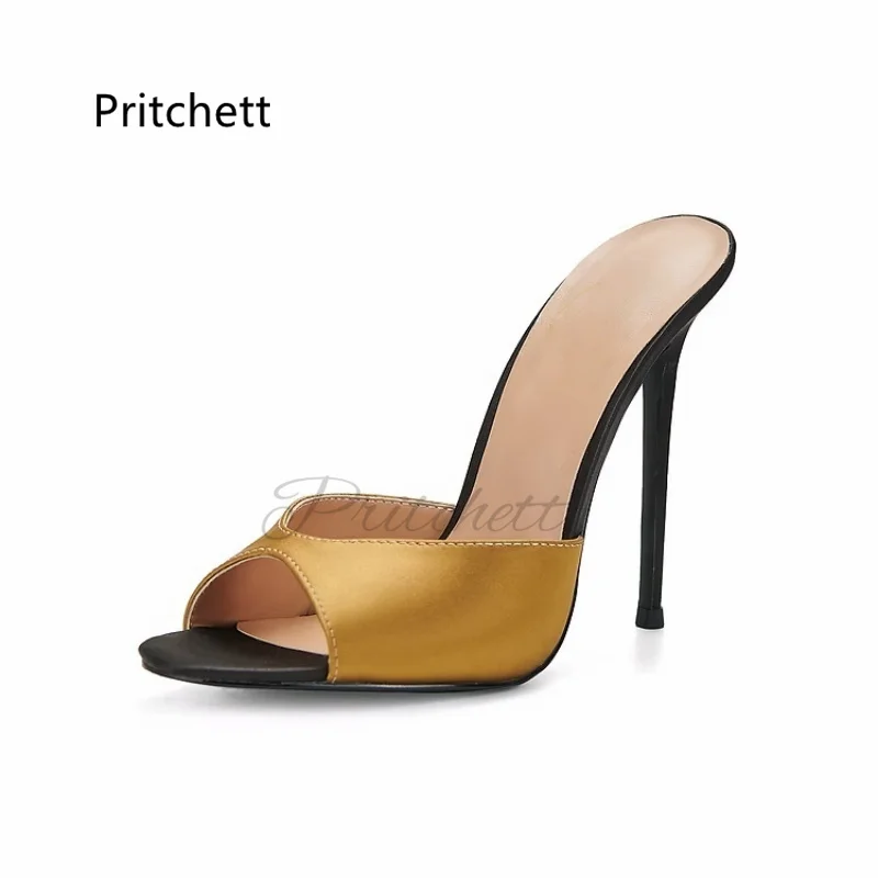 

Peep Toe Leather Slippers Woman High Heels Pull On Summer Shoes Casual Outside Stiletto Party Dress Shoes Fashion Ladies Shoes