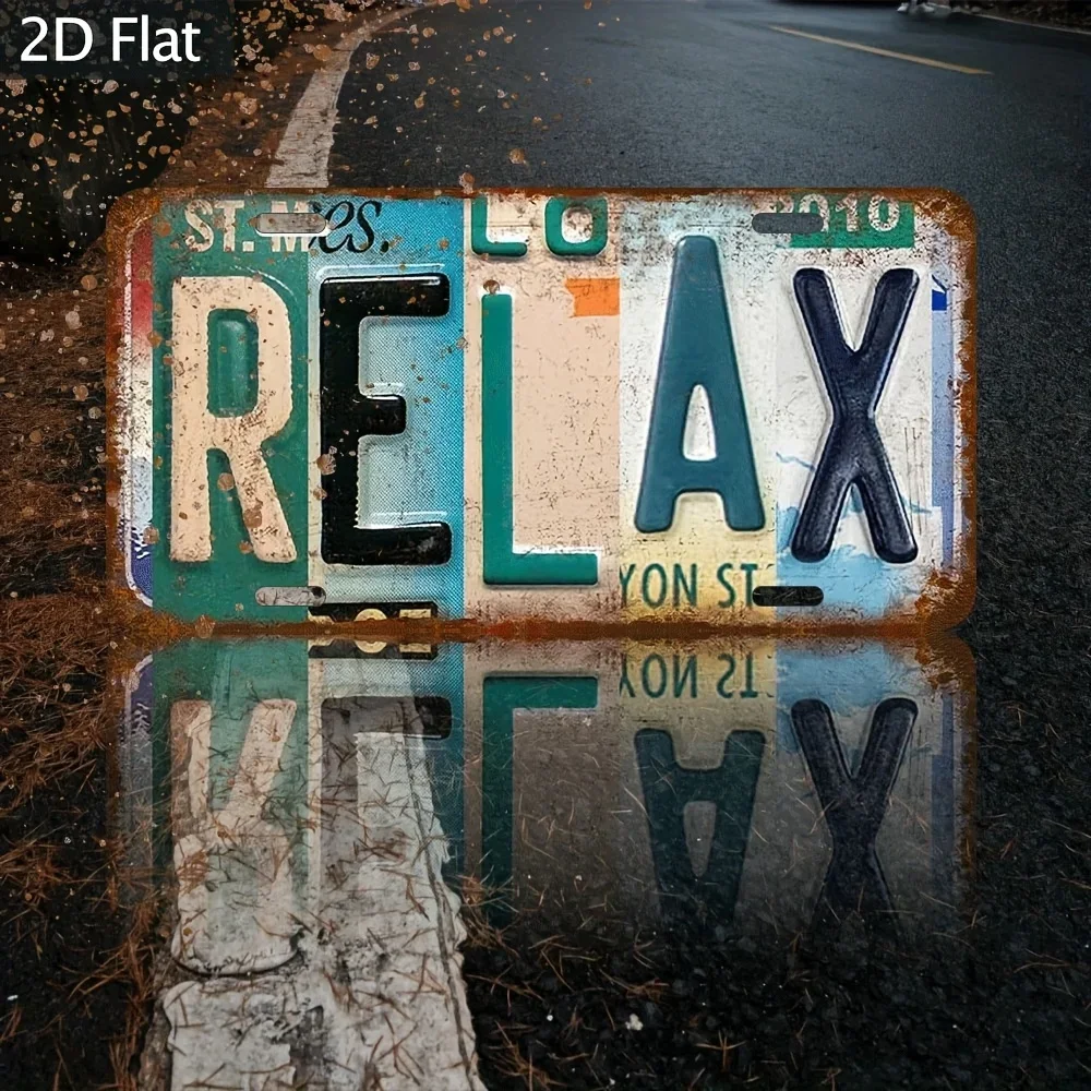 Vintage License Plate Style Metal Tin Sign RELAX Letter Collage Retro Rustic Car Tag Art 2D Flat Not 3D Distressed Wall Plaque Pre‑Drilled Holes Garage Bar Man Cave Home Wall Hanging Decor