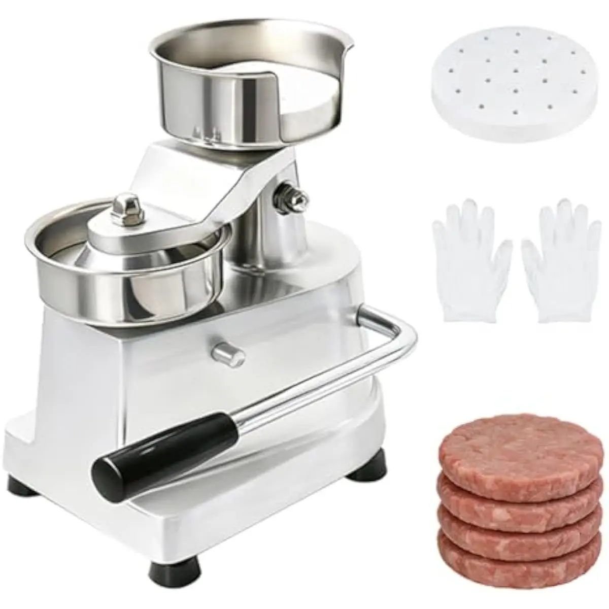 Commercial Lever-Actuated Hamburger Patty Press with 100mm Mold and Adjustable 50g–150g Portion Control • Food-Grade SUS304 Bowl