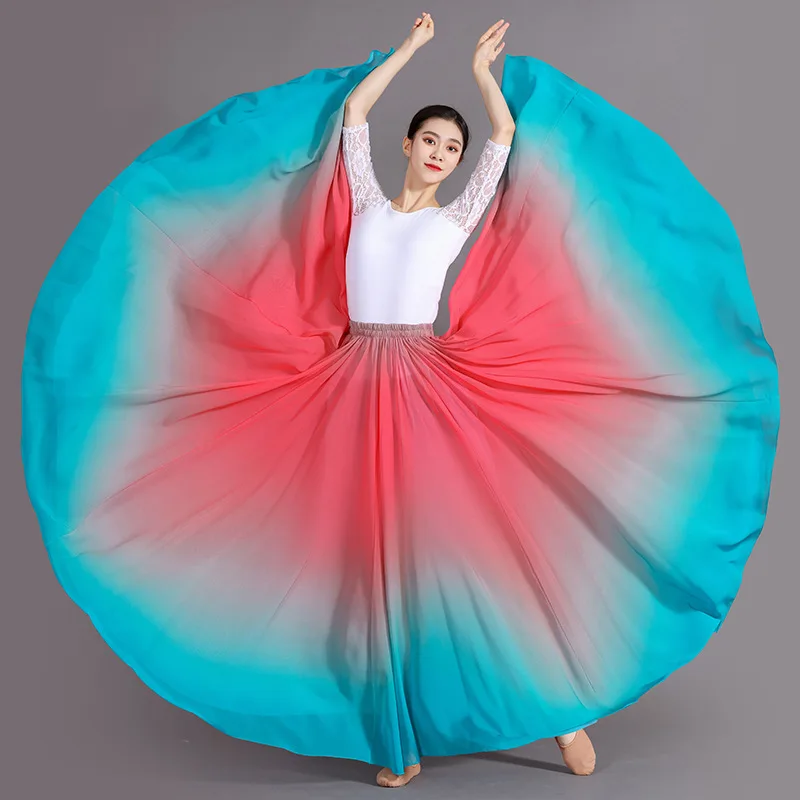 Women's 360-720 Degrees Big-hem Dance Skirts Gradient Color Chiffon Maxi Skirts Elastic-waist Elegant Square Dance A-line Skirts