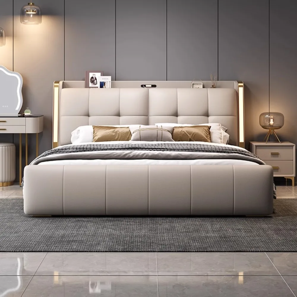 

Modern Multifunctional Bed Minimalist Double Headboard Unique Bed Aesthetic Nightstands Letto Matrimoniale Home Decoraction