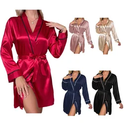 Womens V-Neck Silk Robe Belt Short Satin Kimono Robe Sleepwear Long Sleeve Bathrobe Bridesmaid Wedding Party Dressing Gown