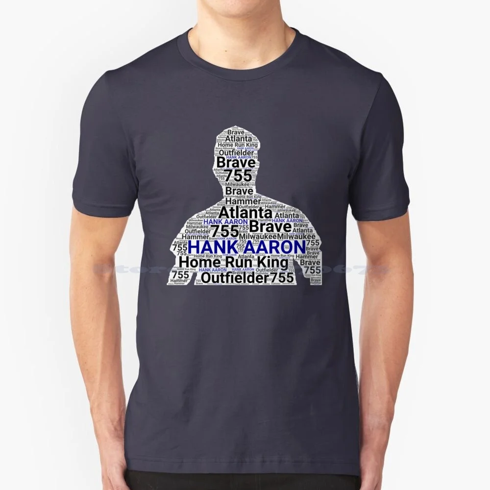 Hank Aaron Silhouette ~ Baseball Homerun King In Word Art T Shirt 100% Cotton Tee Baseball Braves Atlanta Major League Homerun