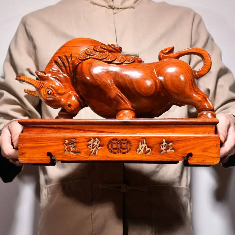 Handcarved Ebony Huanghuali Rosewood Bull Statue Fengshui Great Success Lucky Wealth Home Office Decor Birthday Opening Gift