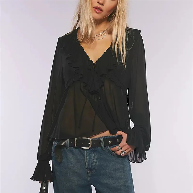 Sheer V Neck Bat Sleeve Oversized Poncho Top for Women Y2K Solid Color Grunge Mesh Loose Blouse