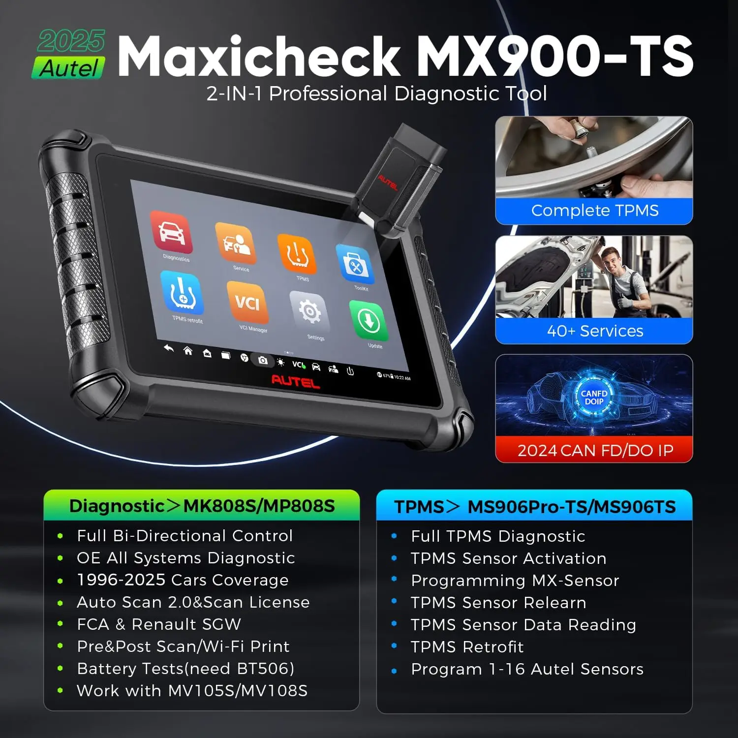Autel MaxiCheck MX900TS MX900-TS الماسح الضوئي التشخيصي لجميع الأنظمة مع وظائف TPMS الكاملة والتحكم ثنائي الاتجاه 40+ خدمات #3