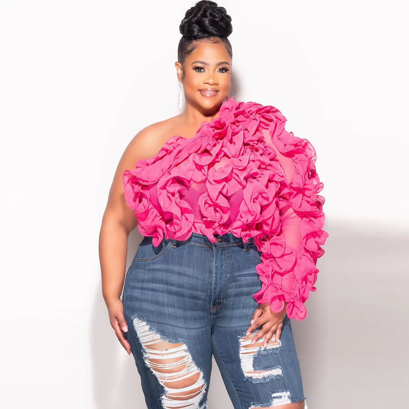 رائع كشكش Ruched الوردي واحد الكتف الملابس النسائية طويلة الأكمام بلايز المرأة الكتف المائل سليم المحاصيل القمم لون مخصص #2