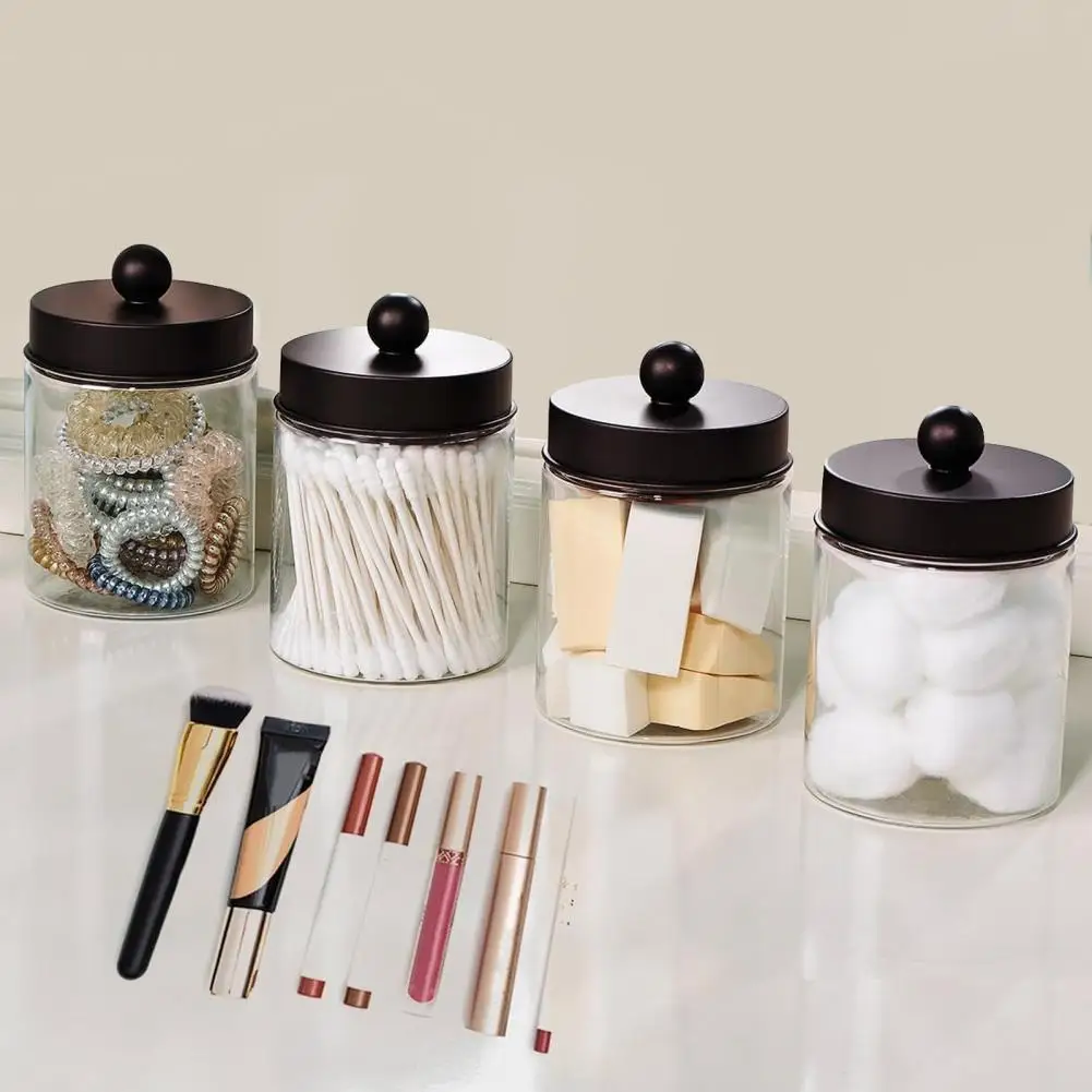 Kitchen Organization Jars Set of 4 Glass Apothecary Jar Containers for Bathroom Vanity Makeup Storage Organize Dresser