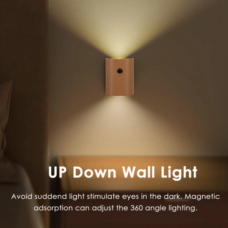 LED Wooden Table Lamp Human Body Sensing Infrared Night Light Motion Sensor Night Lights Rechargeable Sconces Wall Light B