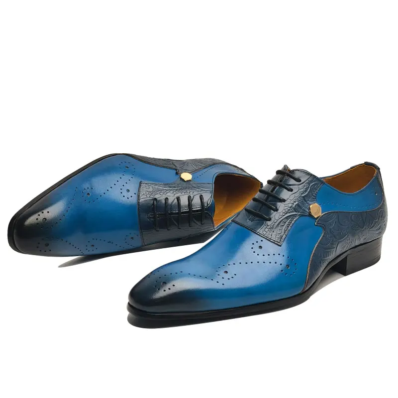 Handmade Men's Leather Shoes Luxury Wedding Office Leather Dress Shoe Trendy Fashion Blue Color Durable Rubber Sole Good Quality