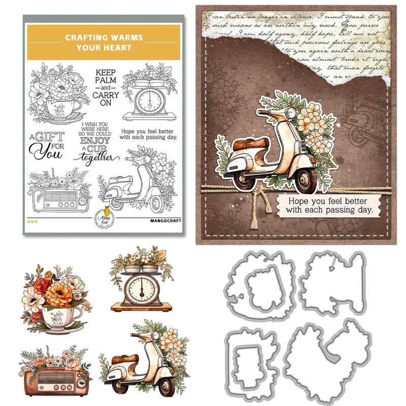 Radio Motorcycle Cups Flowers Cutting Dies Clear Stamp DIY Scrapbooking Metal Dies Silicone Stamp Cards Albums Decor