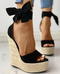 Mulheres verão borboleta nó sólido preto aberto toe sandálias plataforma de moda salto alto sapatos cunha tornozelo bowtie vestido sapatos 35 42 42