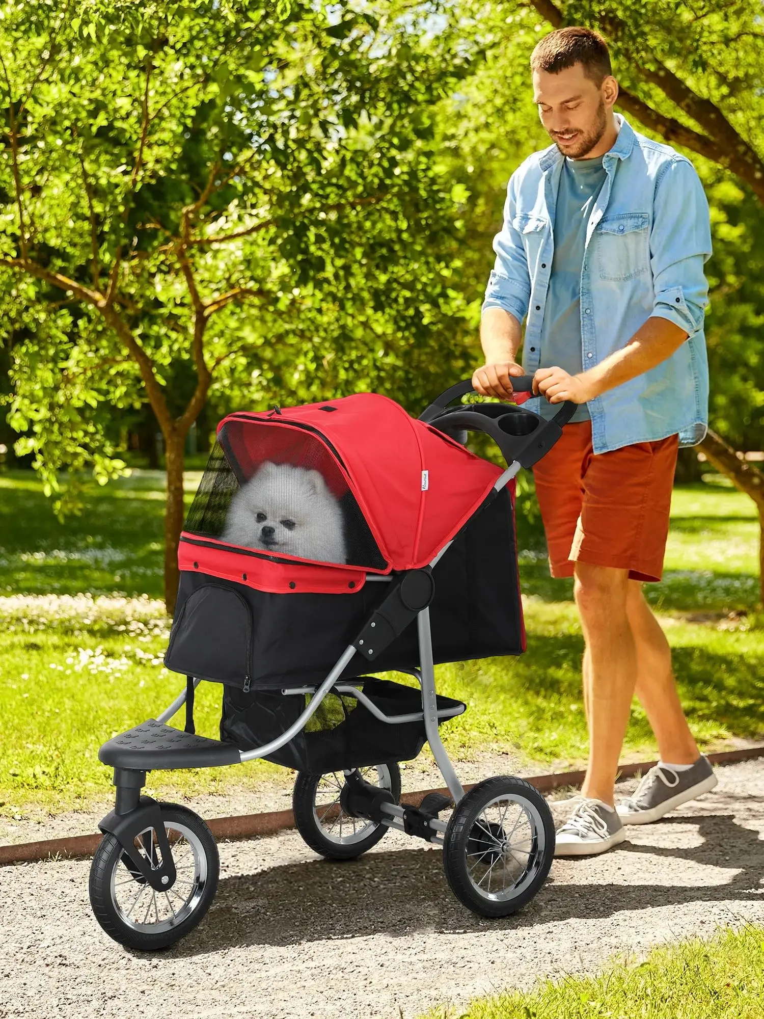 PawHut Hundewagen Hundebuggy Katzen Pet Stroller mit 3 Rädern klappbar Rot