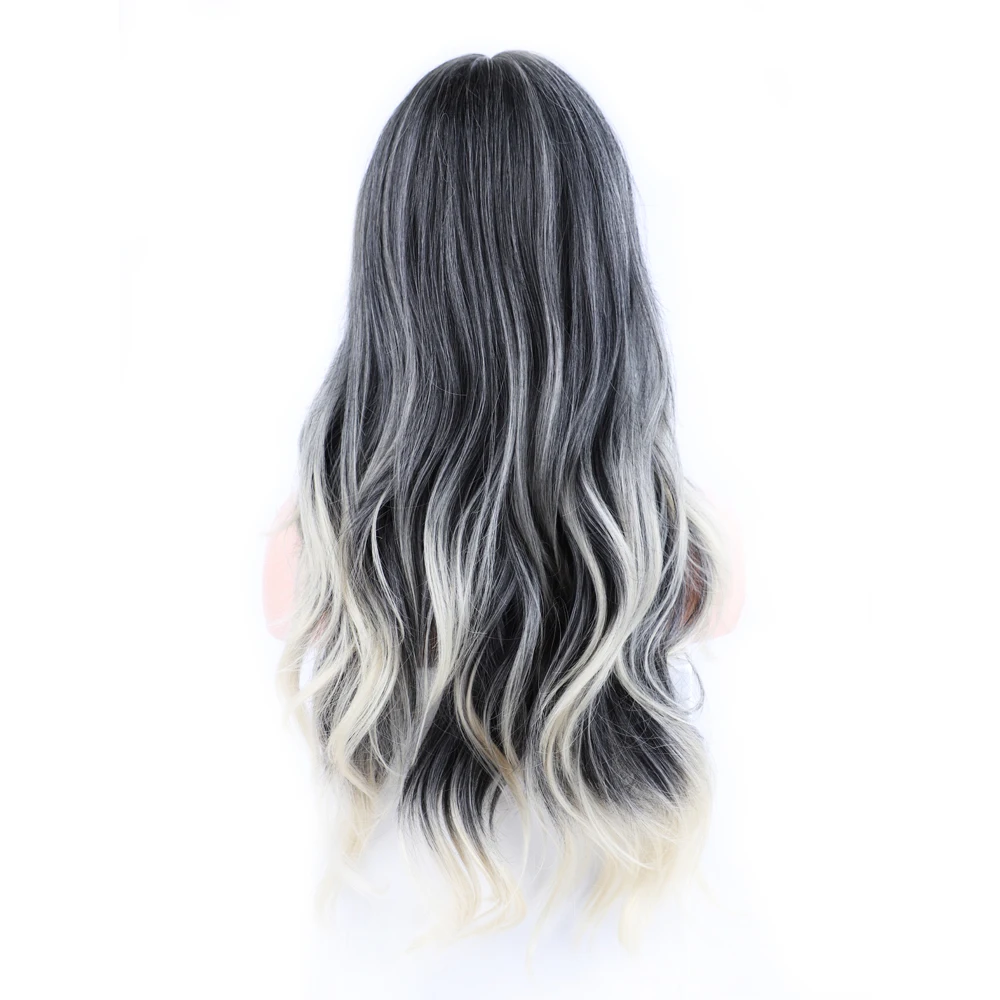 طويل الأوسط فراق بيروكات صناعية للنساء 26 بوصة متموجة الاصطناعية خصلات الشعر المستعار مع الانفجارات مقاومة للحرارة مزيج اللون الشعر الاصطناعية