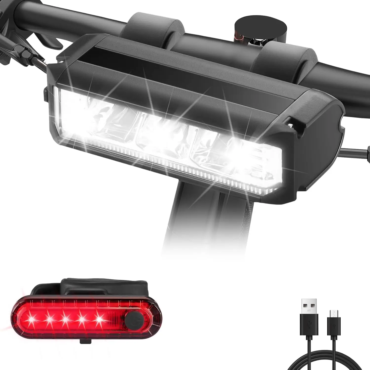 

USB Rechargeable Bike Light Set, 800LM Super Bright LED Headlight & Taillight, IPX6 Waterproof for Night Riding, MTB Commuting