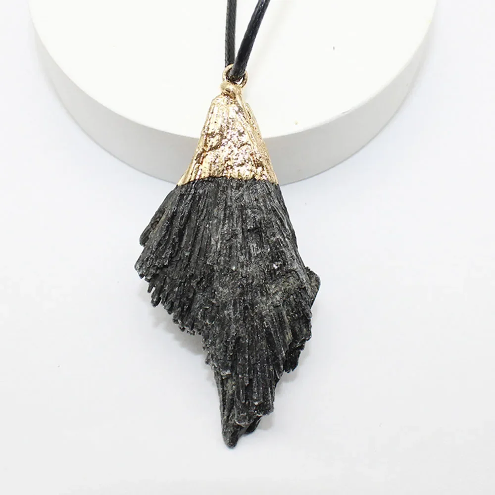 Natural Raw Black Tourmaline Cluster Pendant Necklace Fan Shape Protection Feng Shui Healing Jewelry for Women and Men