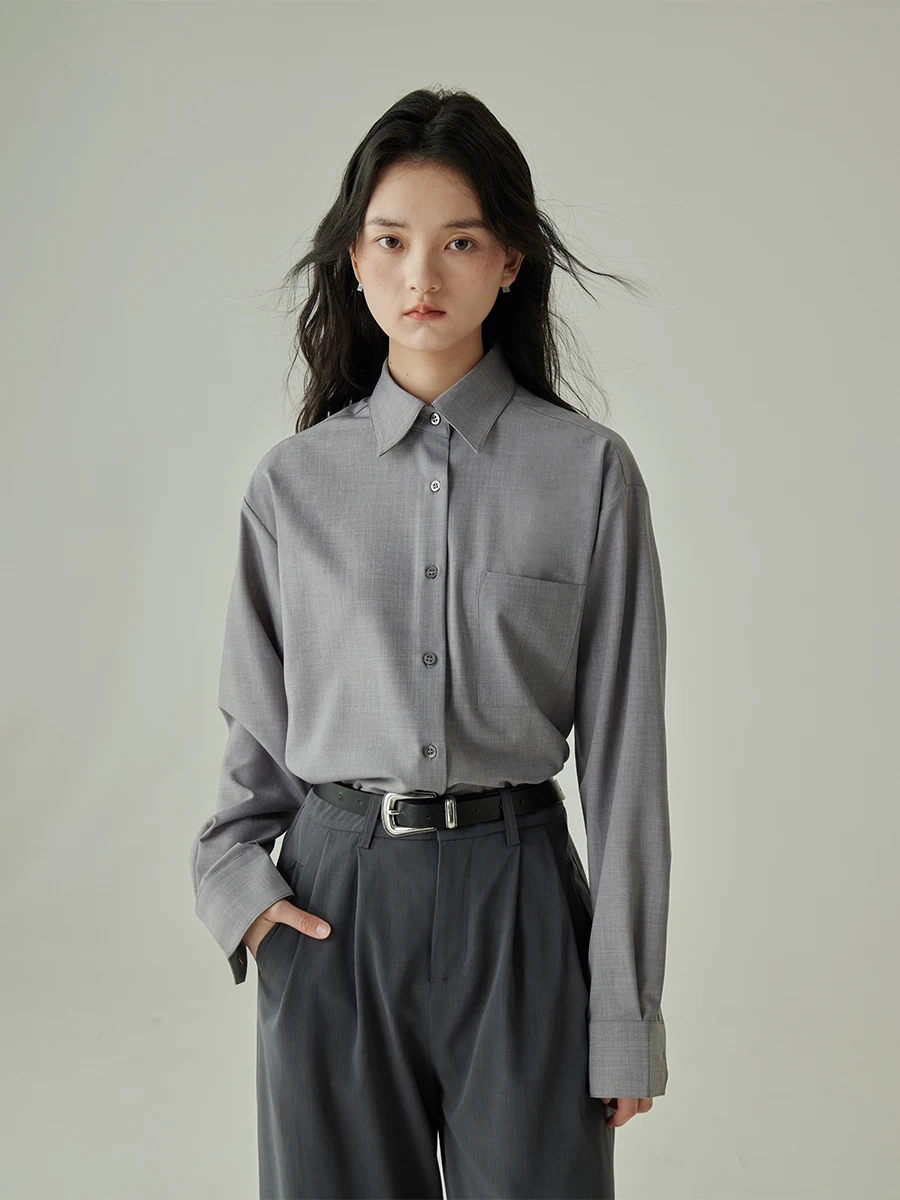 

Elegant Lead Grey Long Sleeve Shirt Women's Loose Commuter Style Korean Fashion Spring Autumn Versatile Fashionable Button up