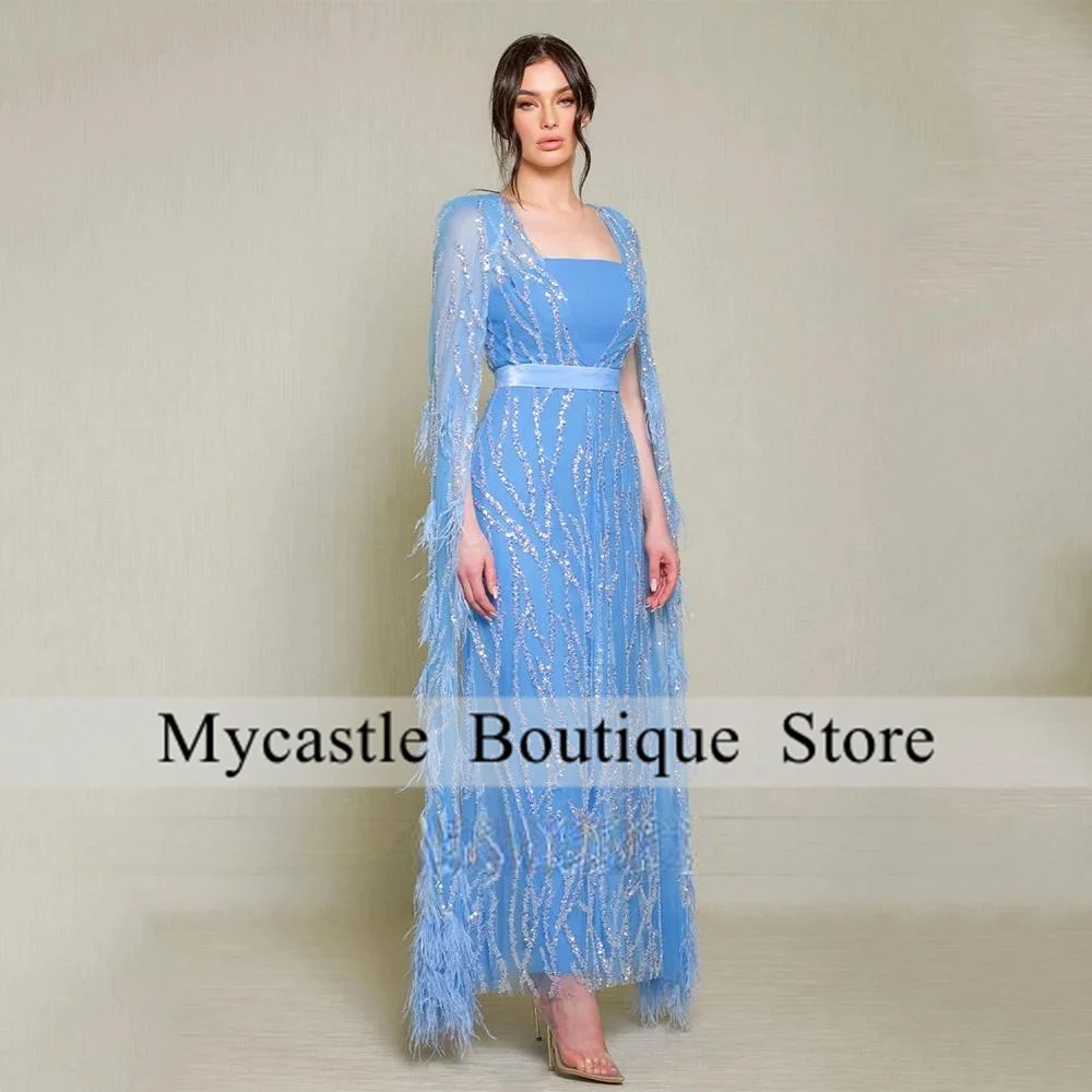 

Blue Beaded Lace Evening Dresses Customized Feathers Ankle Length Arabian Prom Gown Formal Party Dress Robe De Soiree