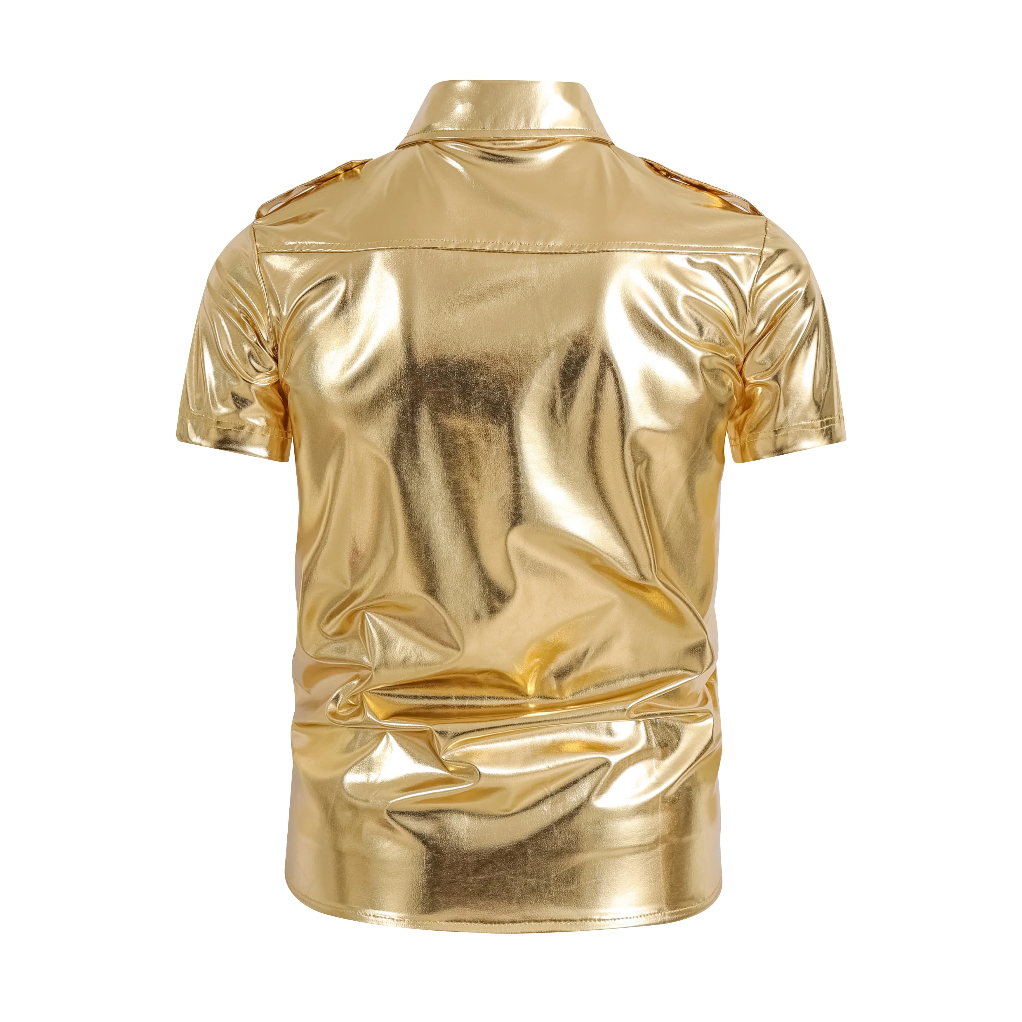 Gold Men's Shiny Nightclub Short Sleeved Shirt Night Club Party Shirt for Men Button Up Y2K Costume Homme Performance Cargo Shir