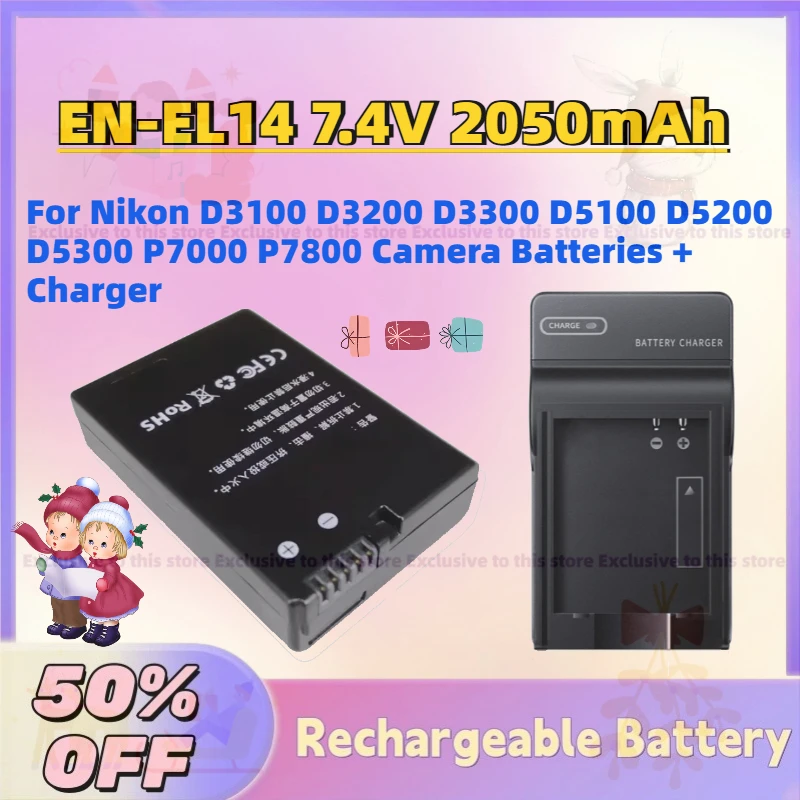 In Stock New EN-EL14 7.4V 2050mAh Battery for Nikon D3100 D3200 D3300 D5100 D5200 D5300 P7000 P7800 Camera Batteries + Charger