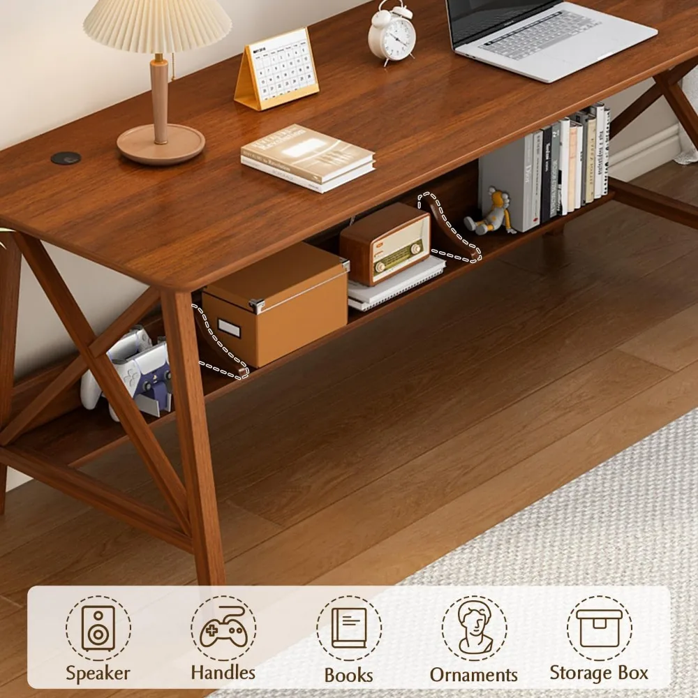 مكتب خشبي طويل جدًا مع رف كتب - طاولة دراسة للعمل في المكتب المنزلي، محطة عمل للكتابة مع رف تخزين من خشب الجوز