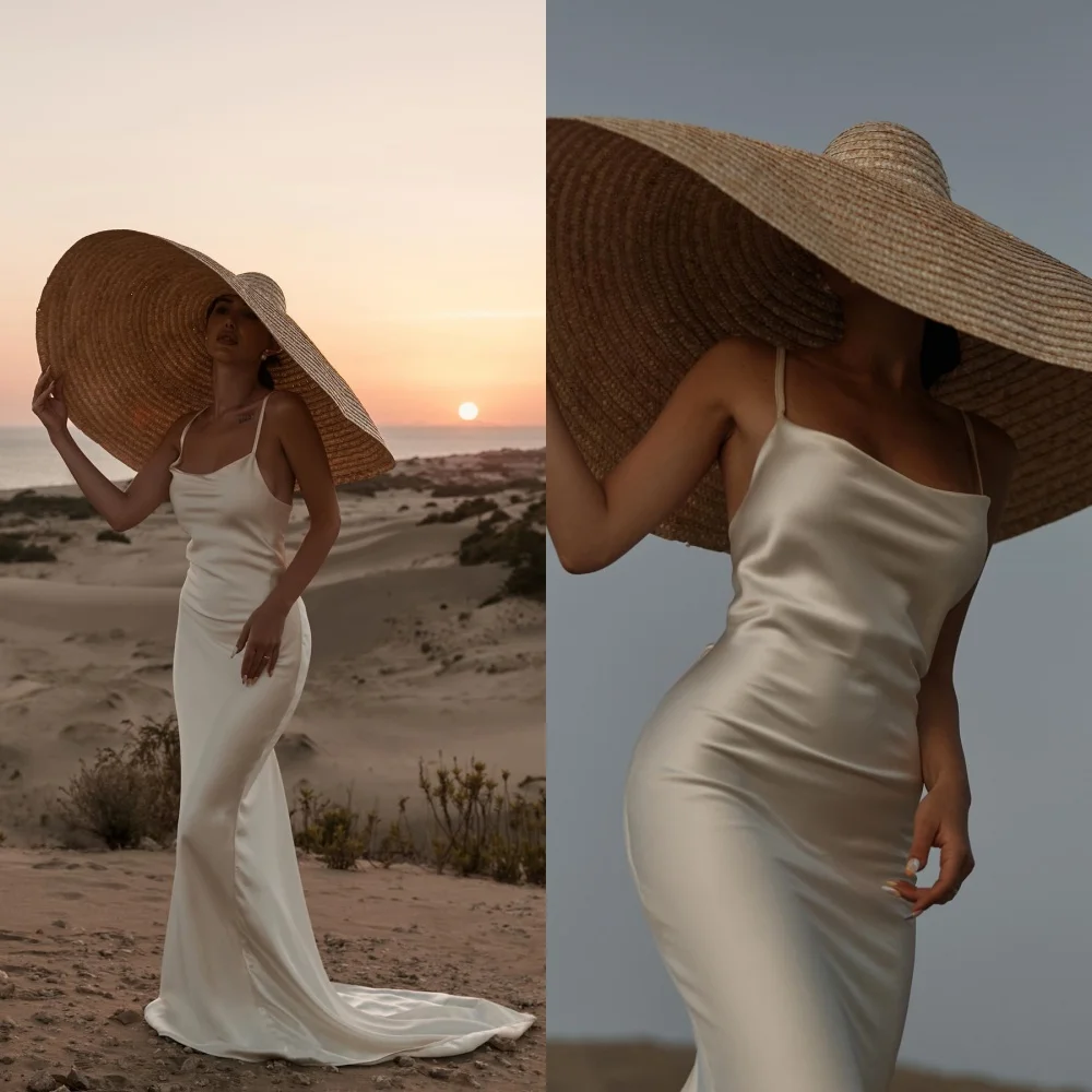 맞춤형 절묘한 샴페인 새틴 웨딩 드레스 우아한 Strapless 스파게티 스트랩 민소매 레이스 업 신부 가운