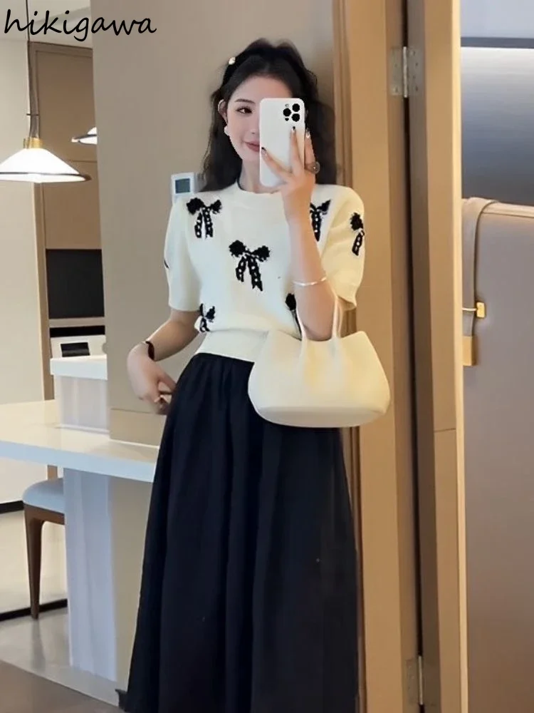 Słodki sweter koreański moda swetry z krótkim rękawem odzież damska O-neck Bow Pull Femme Casual sweter z dzianiny przycięte topy